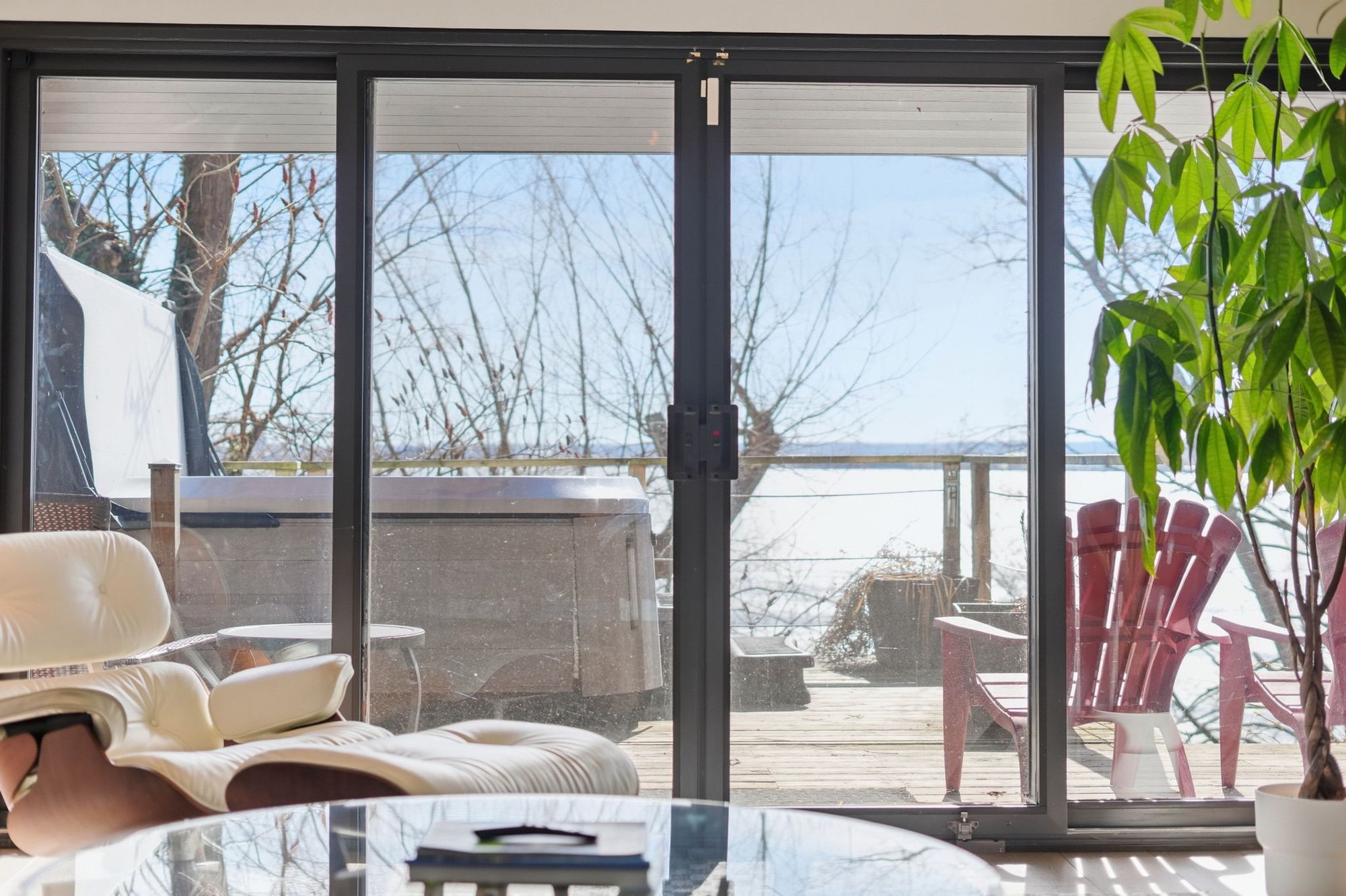 From the rec room through the glass doors to the bay