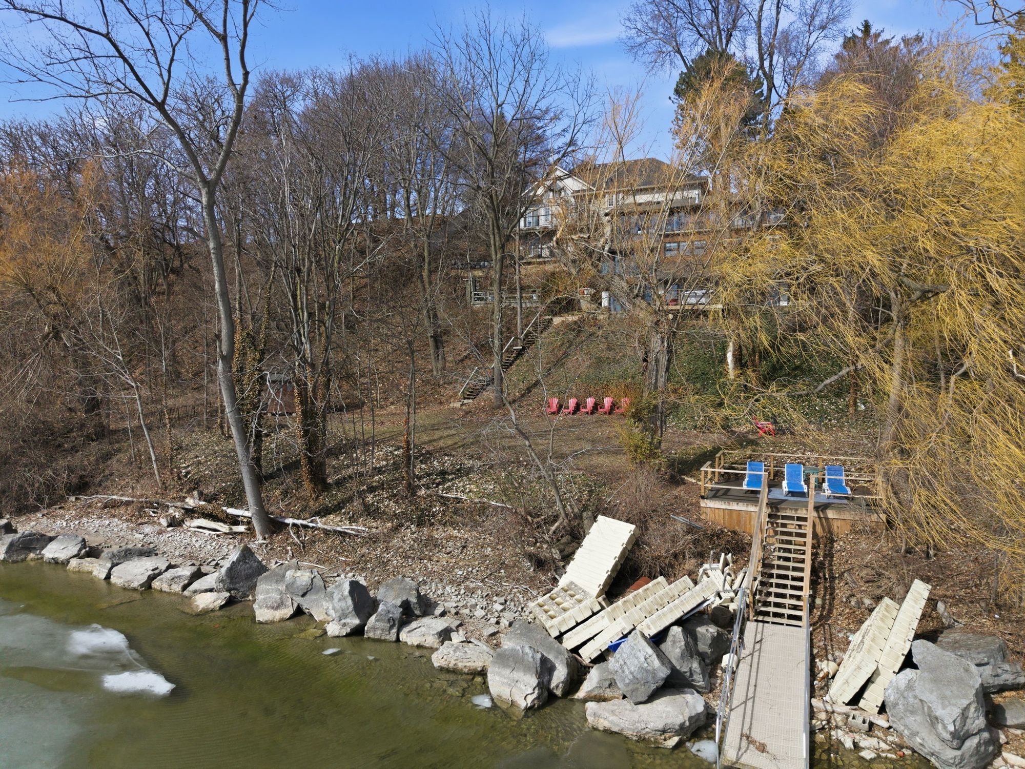 The rock shoreline and the steps to the water from above