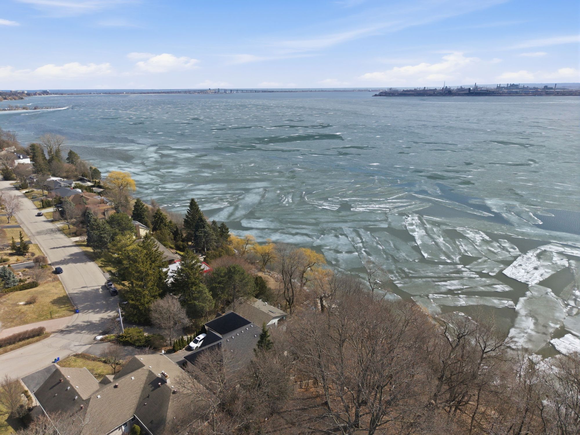 The shoreline and the open bay from the air