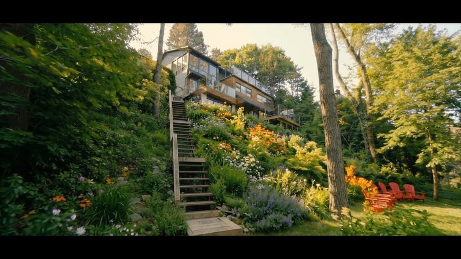 The gardens and the stairs on the slope below the house (still from the property film)